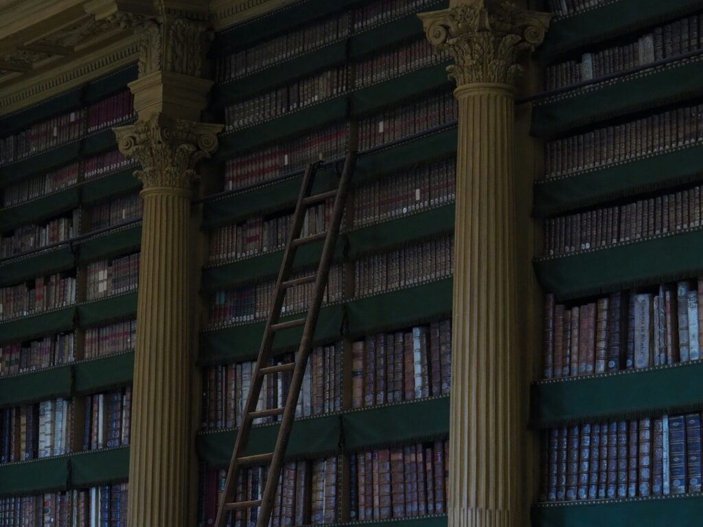 Stort gammelt bibliotek med høje bogreoler fyldt med bøger, træstiger og klassiske søjler